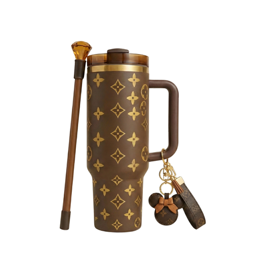 40oz Luxury Tumbler Brown + Keychain +  Straw Topper